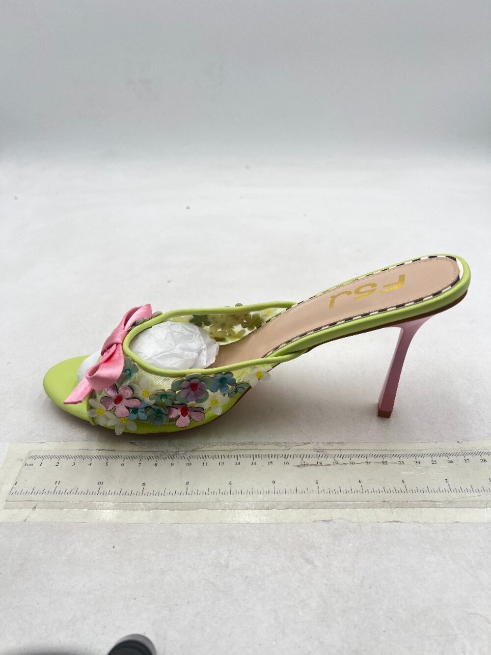 FSJ Green Slip On Peep Toe Mules Flowers Stiletto Heels Bows Sandals Dress Shoes